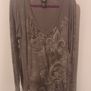 Plus Vanity Cotton Grey Blingy Silver Graphic long Sleeve Shirt 2X